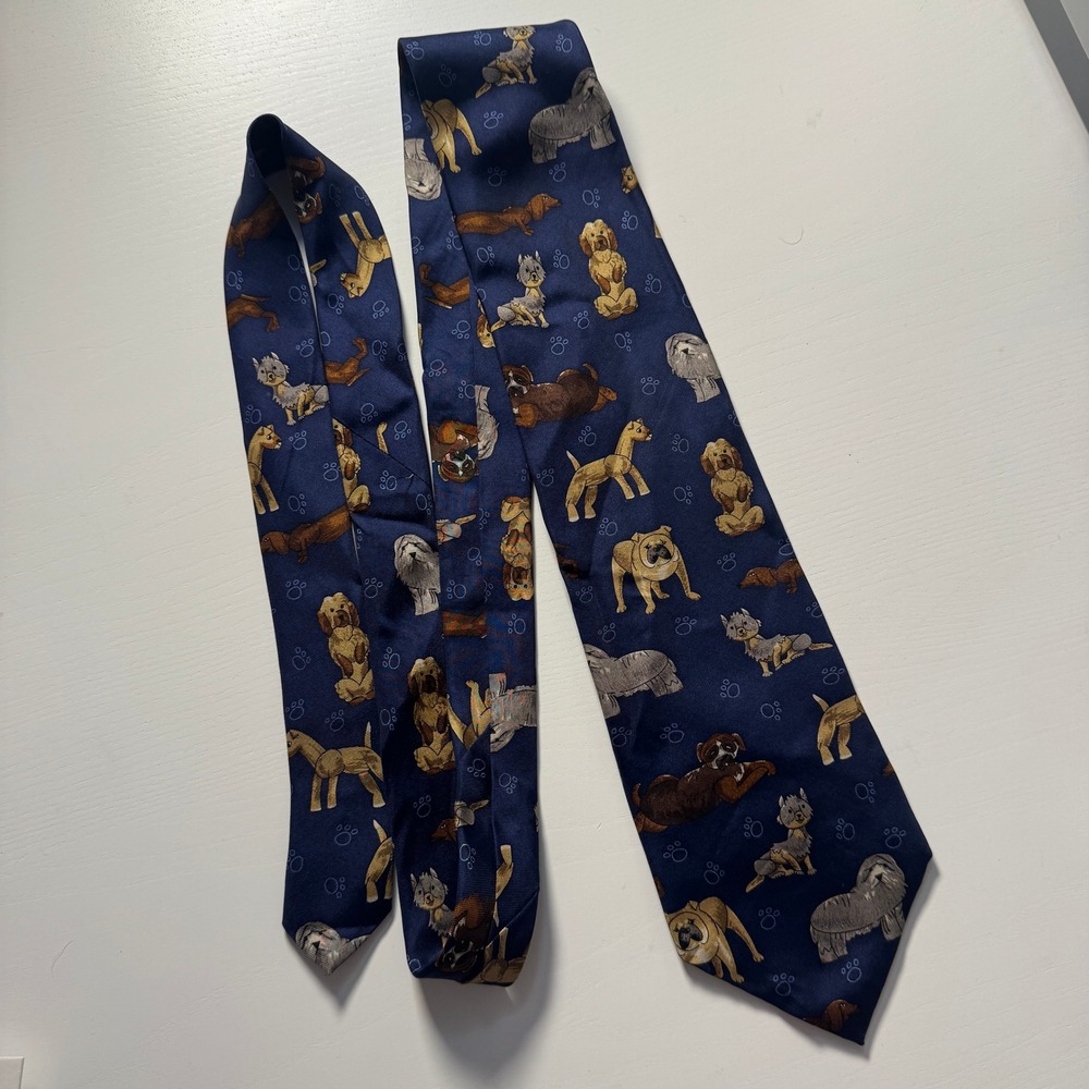 Dog Themed Silk Tie Doggy Days Navy Blue Necktie Animal Fun Gift Dog Lover Cute